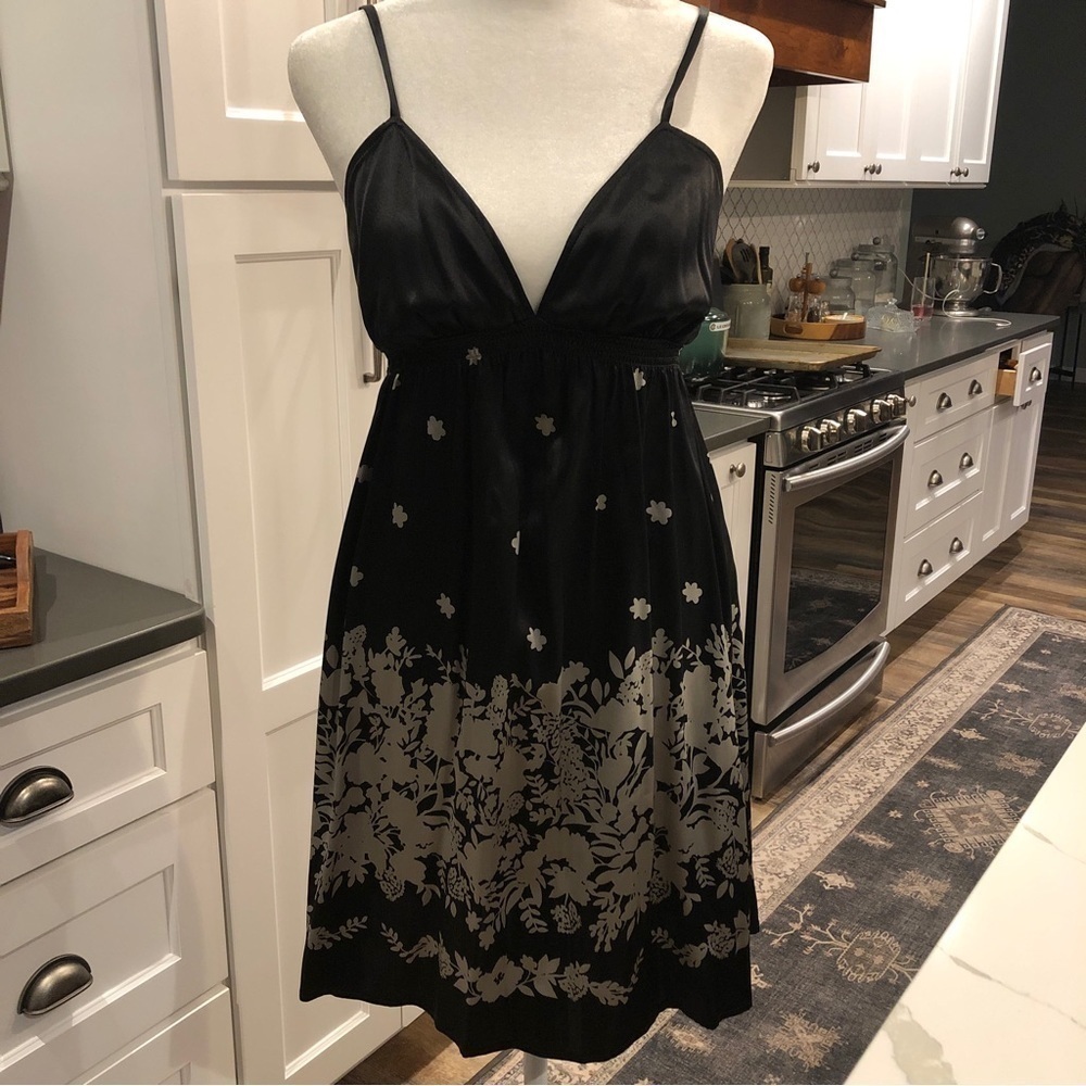 Vintage Express Womens Floral Silk Babydoll Slip Dress Sz S Fairy Black 90s Y2K